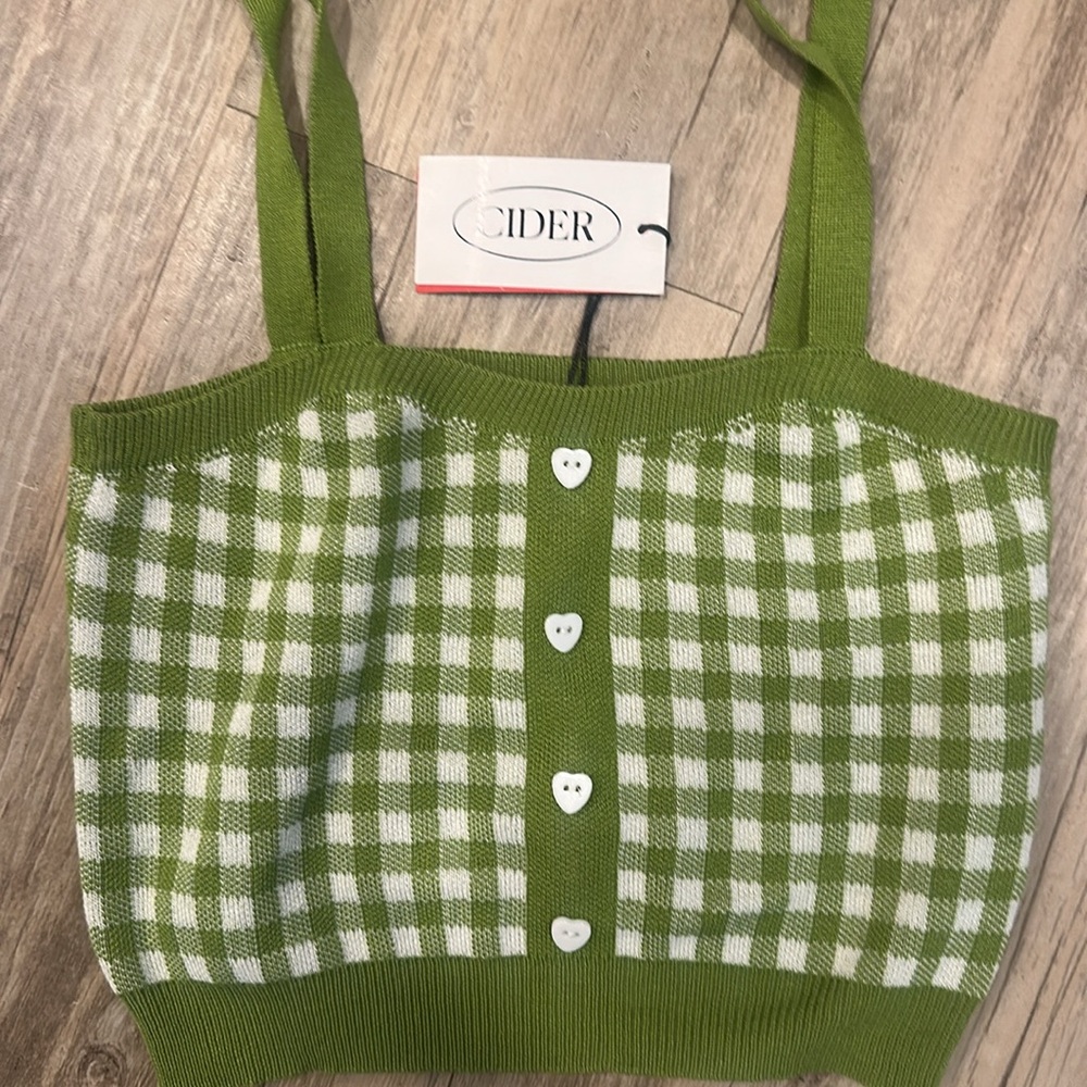 NWT New Cider Green Checkered Knit Crop Top Sz XS Heart Buttons - Picture 3 of 5